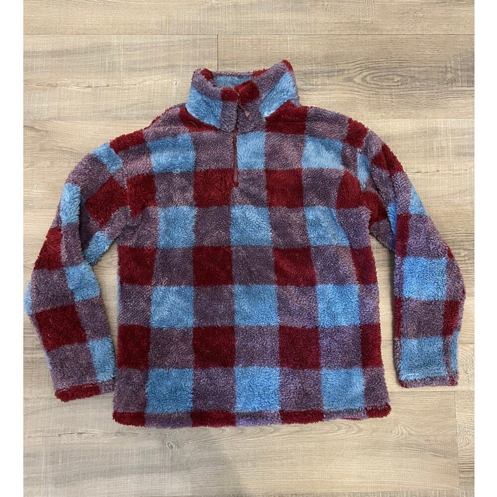 Eddie Bauer Women's Red & Blue Plaid 1/4 Zip Plush Fleece Pullover